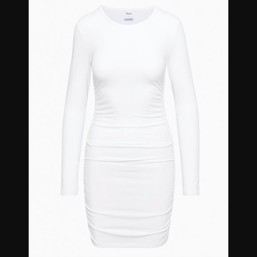 TNA Chill Malibu Long-sleeve Dress Ruched Long-sleeve Dress White Sz. M NWT